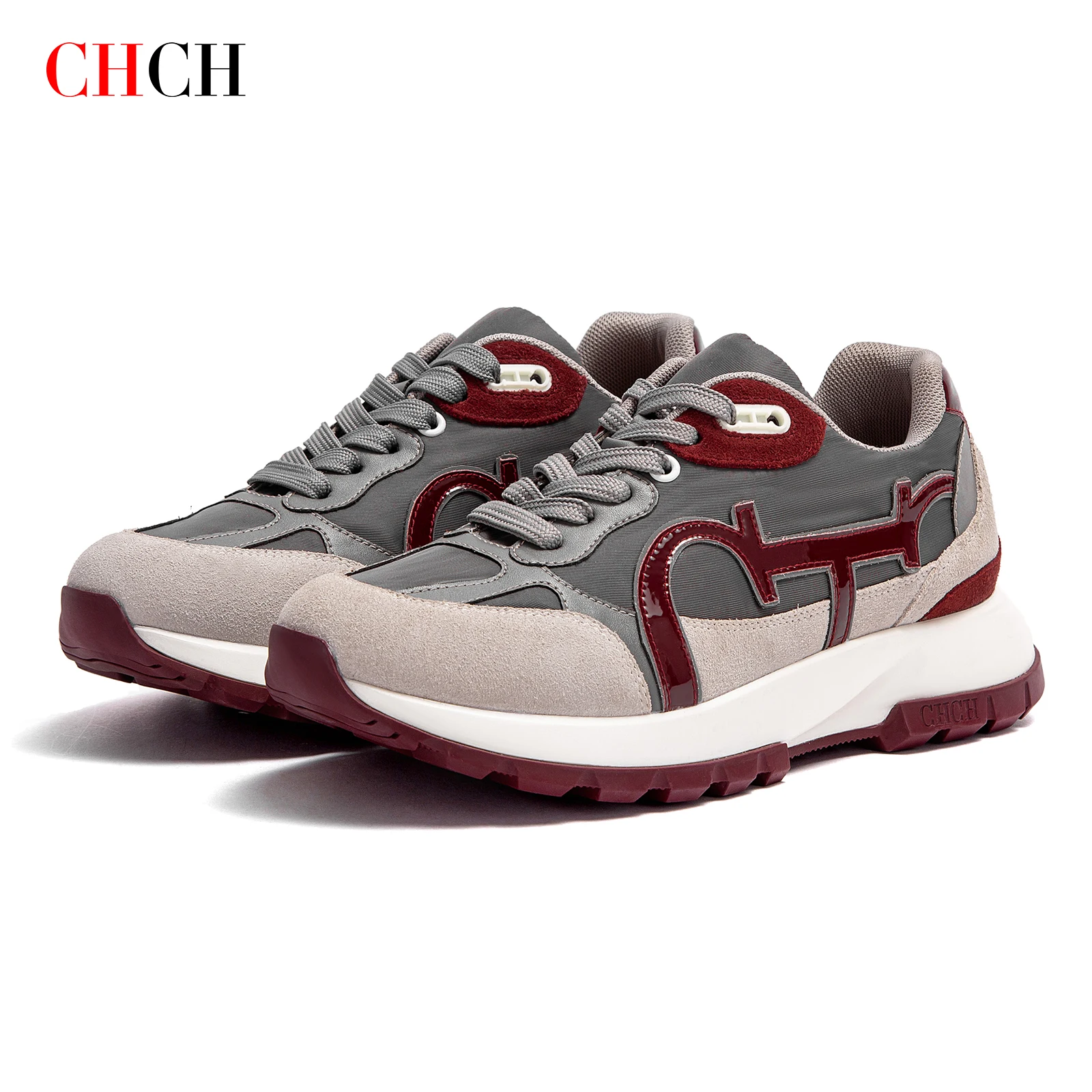 CHCH Women's Casual Shoes 2024 New Wine Red Retro Cow Leather Splicing Design Walking Shoes Skeleton Correction