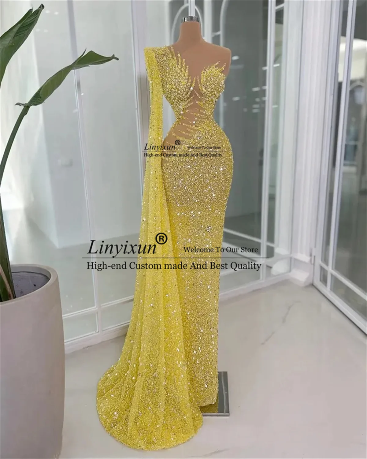 Sparkly Sequins Pearls Prom Dresses With Cape Mermaid Party Dress Long African Aso Ebi Evening Gowns vestidos de gala Customized