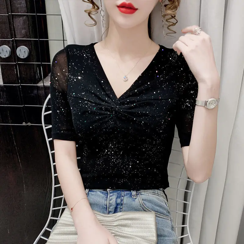 Short-sleeved Women Mesh T-shirt Summer Shiny bottoming top Casual Bright Silk Pleated Black Shirt blusa feminina