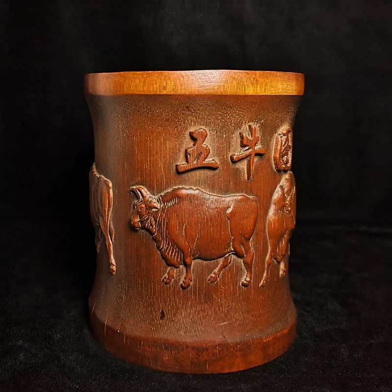 1919 Antique art Size 6.2 Inch Old Antique Chinese art Bamboo Hand Carved Five bull ox QNDW brush pot desk Table ornament