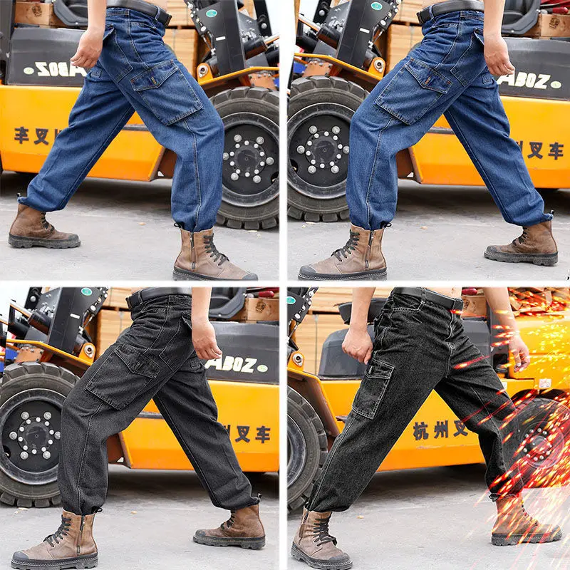 Jeans Men\'s Work Pants Wear-resistant Anti-scalding Loose Welding Workers Multi-pocket Overalls Auto Repair Labor Insurance Pant