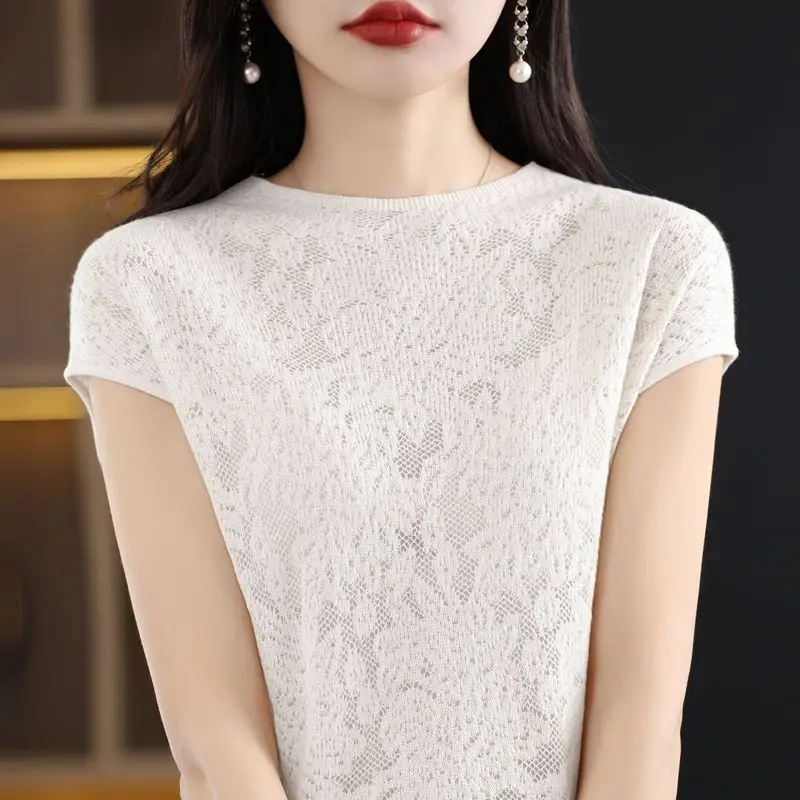 Spring and Summer Women\'s 2024 Pullover Round Neck Spliced Hollow Hook Lace Versatile Fashion Elegant Slim Fit Short Sleeve Tops