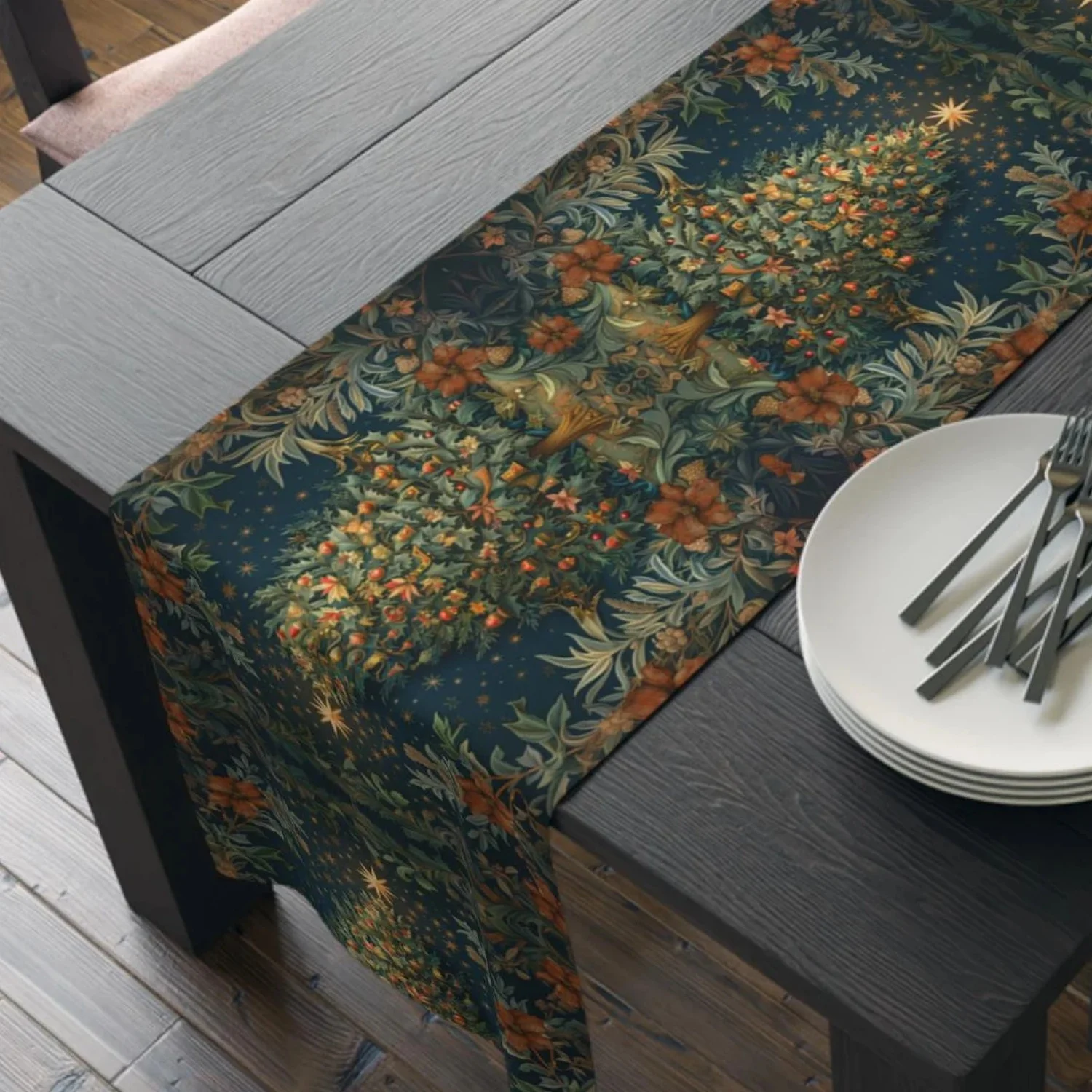 Elegant William Morris-Inspired Christmas Tree Table Runner: Festive Holiday Dining Decor, Modern Table Centerpiece