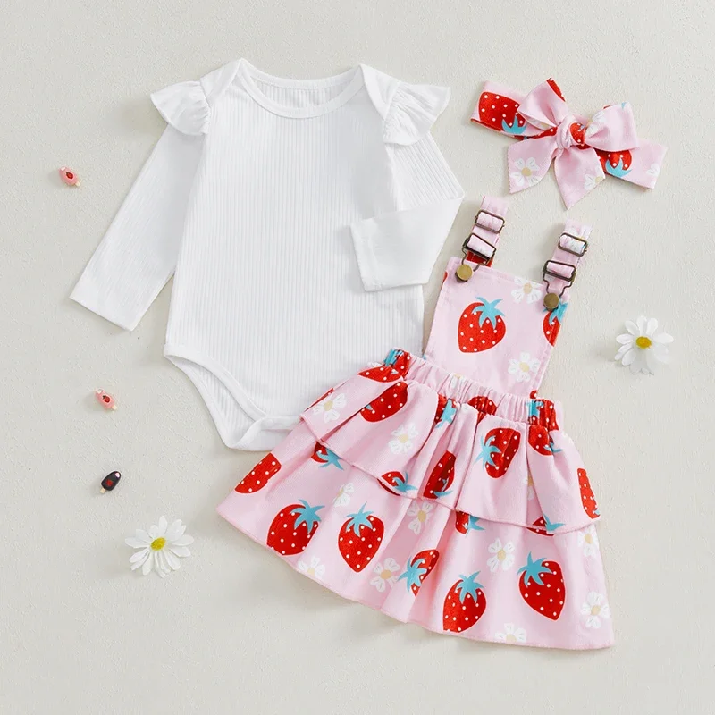 Baby Girl Fall Outfit Newborn Ribbed Long Sleeve Romper with Strawberry Pattern Overalls Skirt and Headband Clothes Set