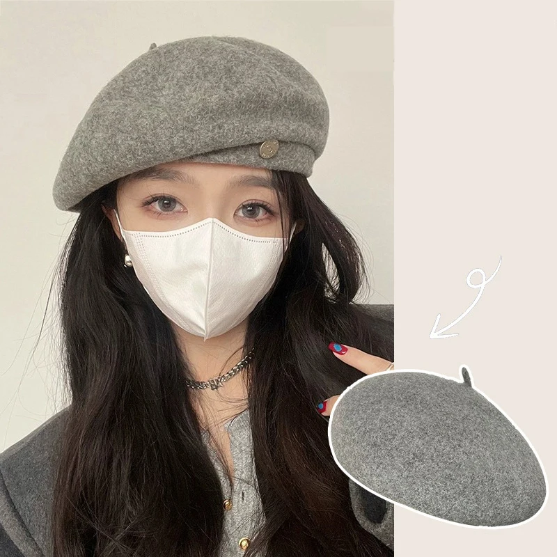 

Fashion Woolen Beret Painter Hat Pure Color Autumn Winter Women Cap Adjustable Thick