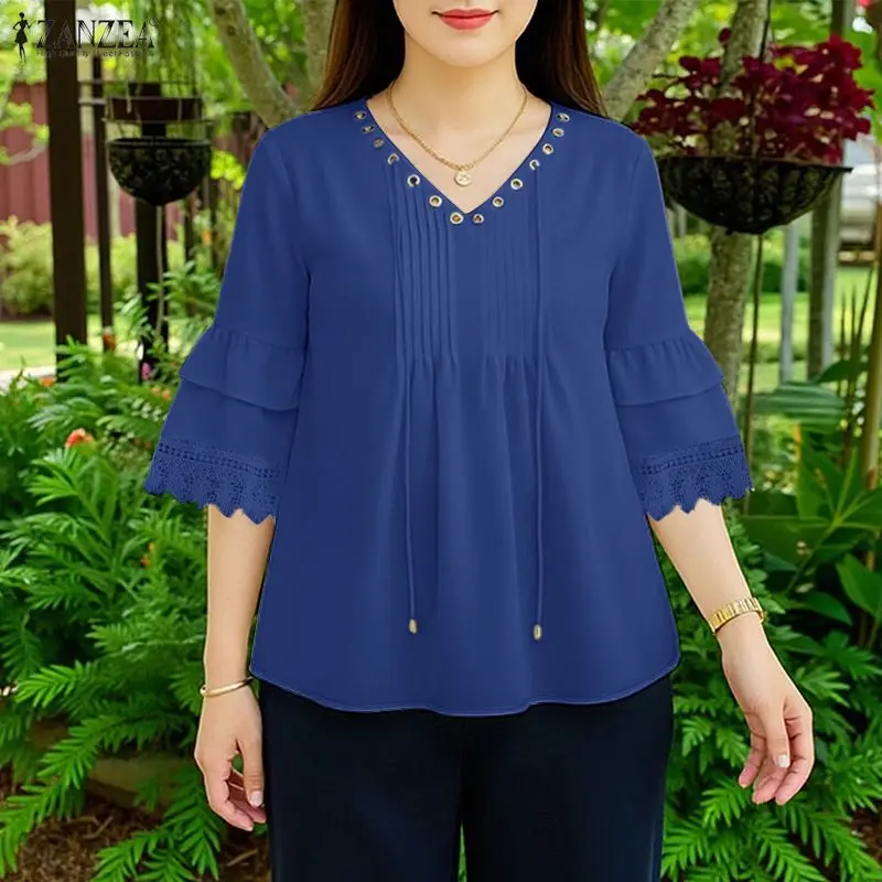 

Летняя блузка ZANZEA 2026 с кружевными вставками, женская модная рубашка с V-образным вырезом, праздничный топ-туника с рукавами 3/4 и оборками, рабочая блузка для женщин