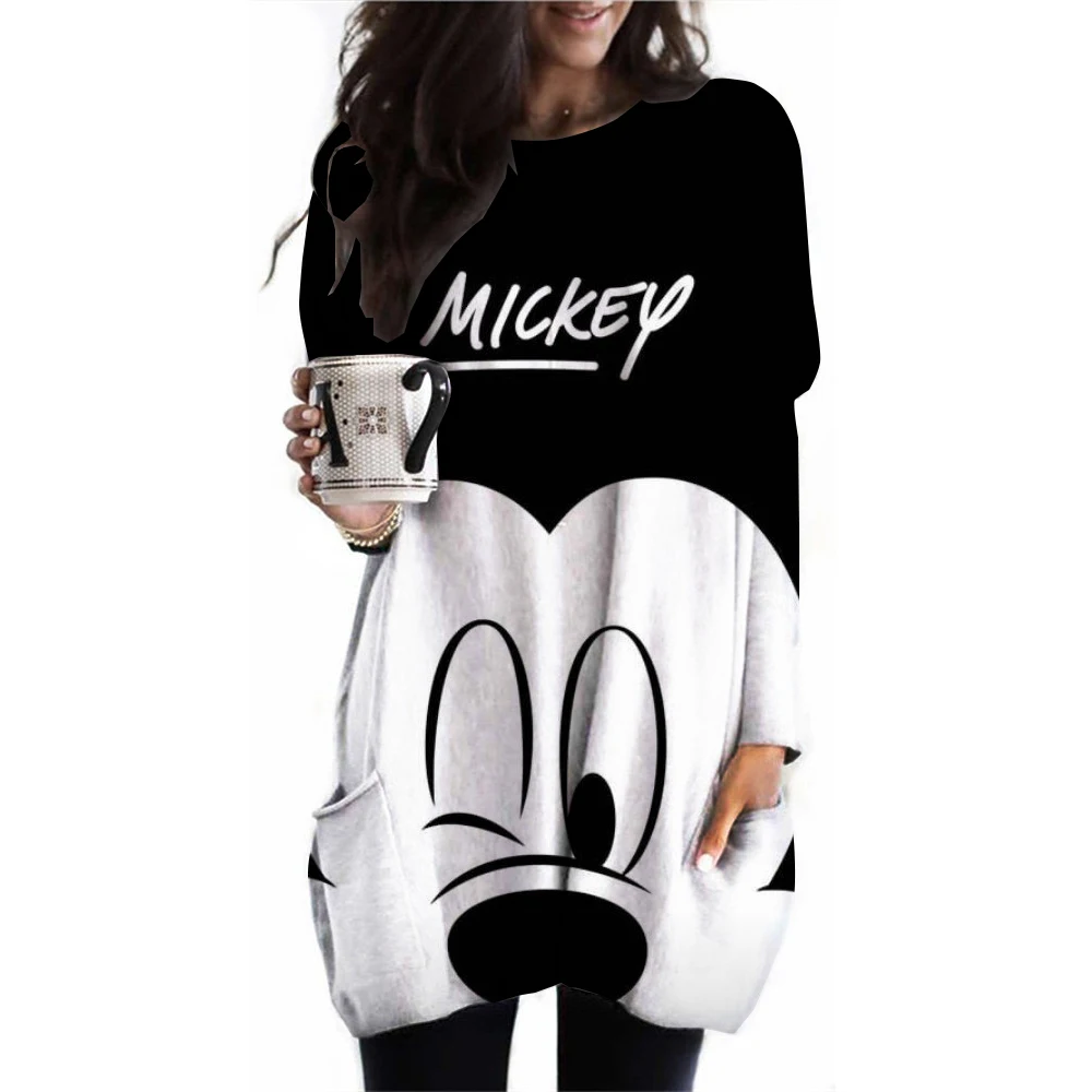 Christmas women's long sleeved T-shirt cartoon Disney Mickey Mouse round neck pocket dress autumn and winter casual loose women'