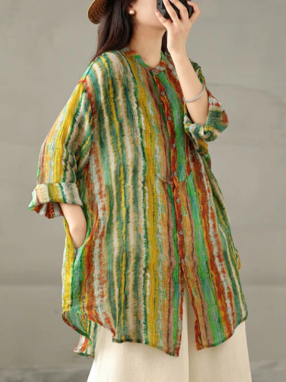 Arttistique arc-en-ciel rayé teint imprimé coton lin irt grande taille femmes simple bouton Long Sve col montant protection solaire...