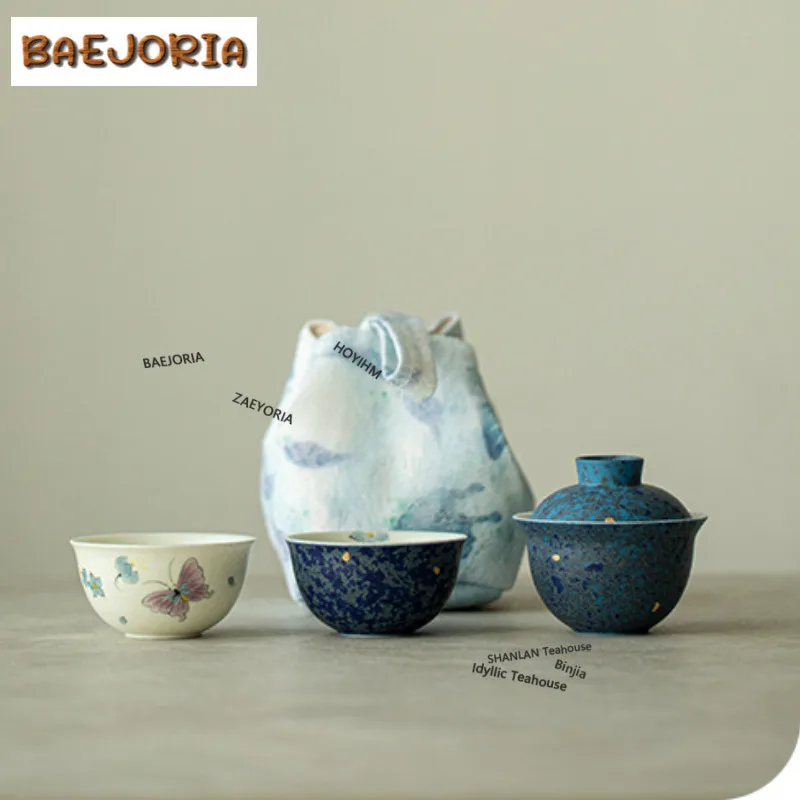 

Hand-painted Blue Butterfly Travel Tea Set Kit Boutique 1 Bowl 2 Cups Tea Maker Organizer Portable Outdoor Stock Bags Collection
