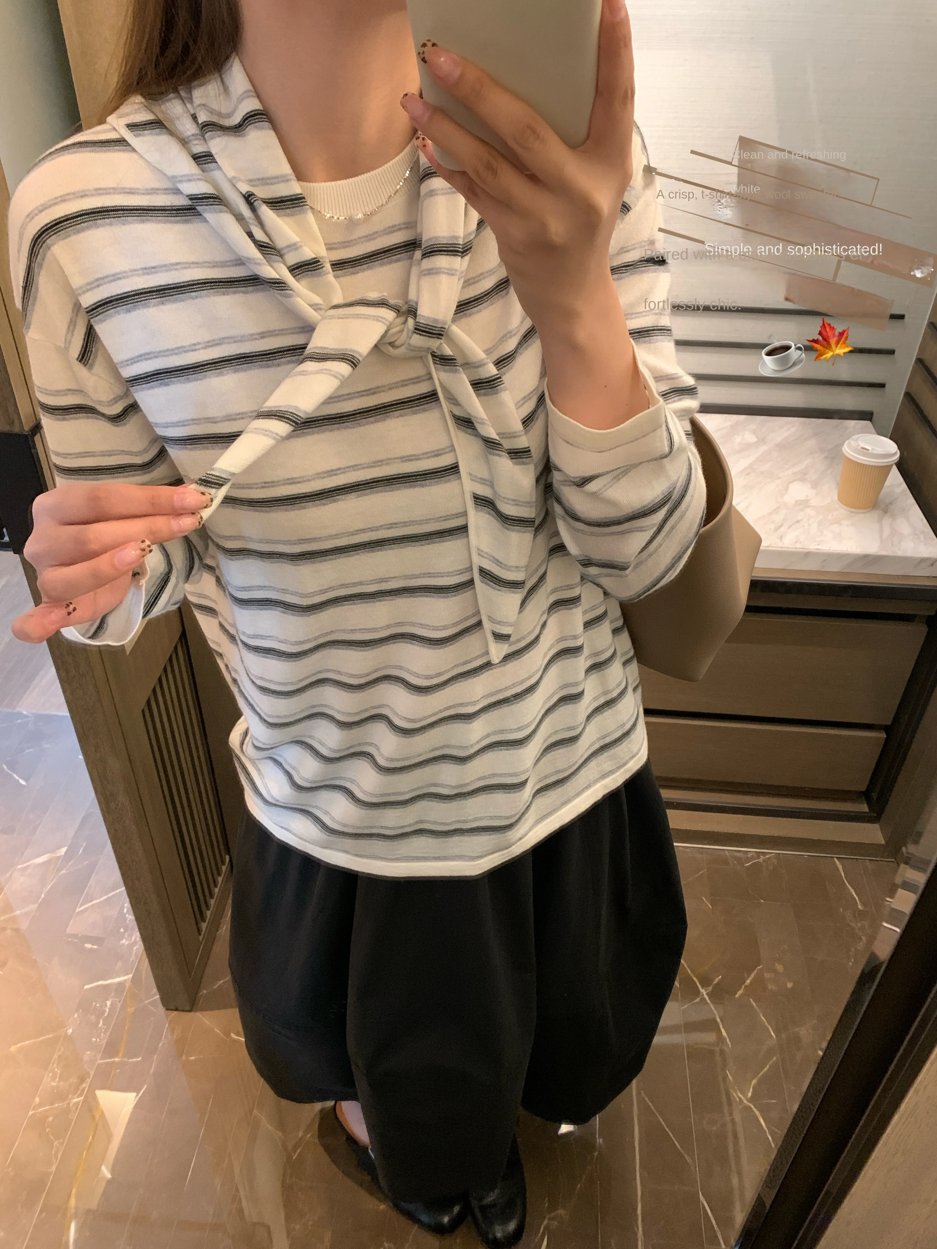 Merino wool long-sleeve knit top in ombre stripes, comes with a coordinating triangle neck scarf.