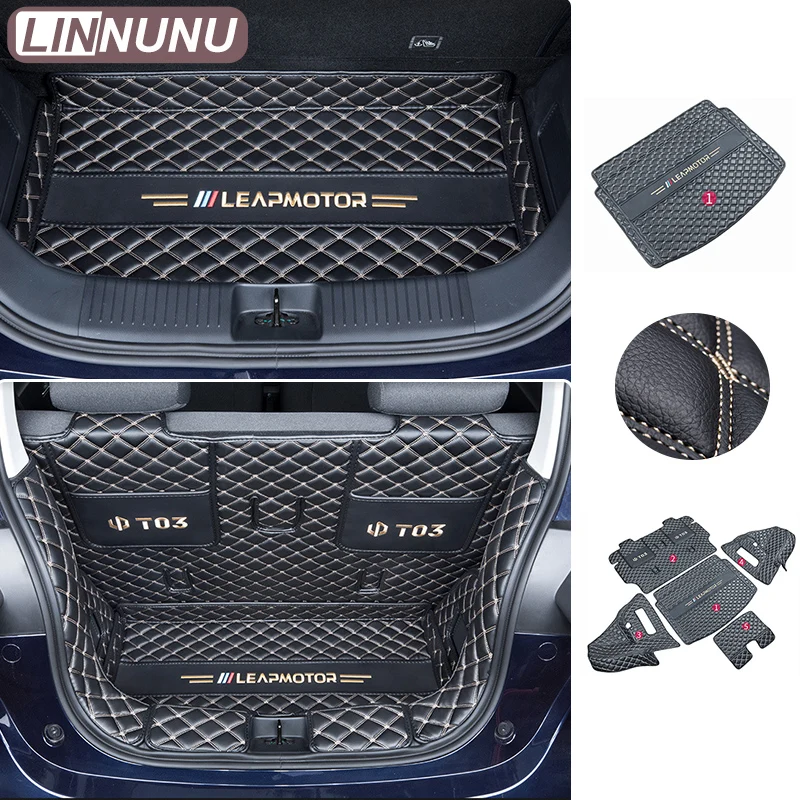 LINNUNU Trunk Mat For Leapmotor T03 2021 Tailored Boot Liner Tray Car PU Leather Rear Trunk Pad Cargo Rhombus Grid Mat Accessory