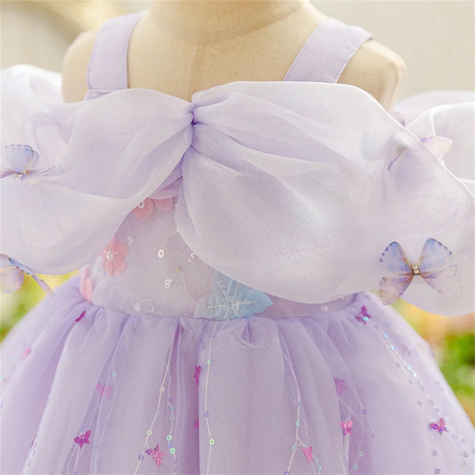 Kids Elsa Snow Queen Cosplay Princess Dress Butterfly Sequin Mesh Gown Girls Birthday Carnival Performance Frocks