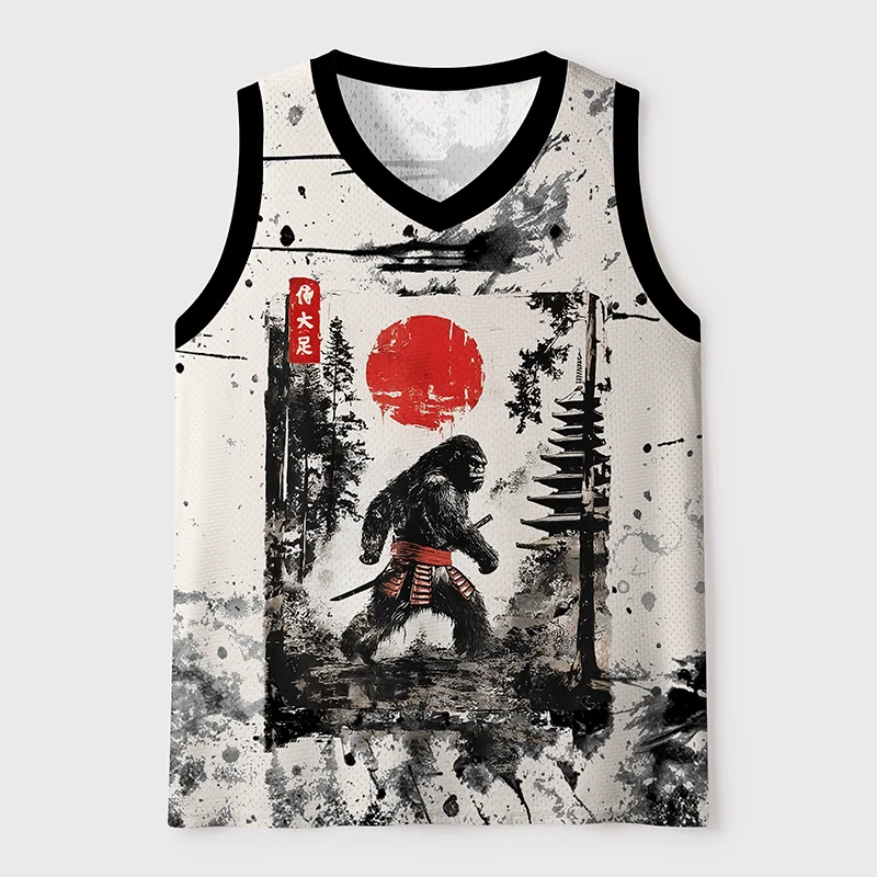 2026 new V-neck mesh basketball sports vest, Japanese ukiyo-e animal print sleeveless fitness muscle breathable sports jersey