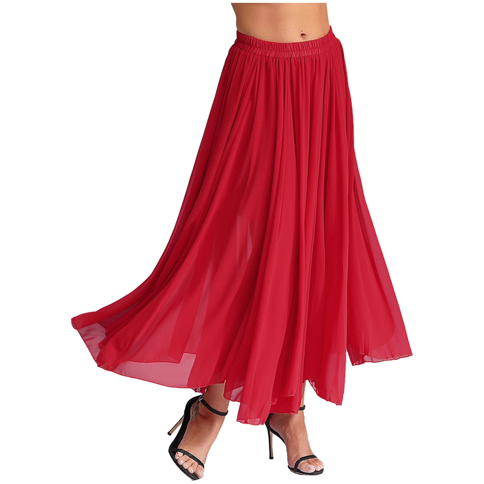 Women 720 Degrees Skirts for Flamenco Lyrical Dancewear Elastic Waistband Flowy Swing Long Skirt for Performance Competition