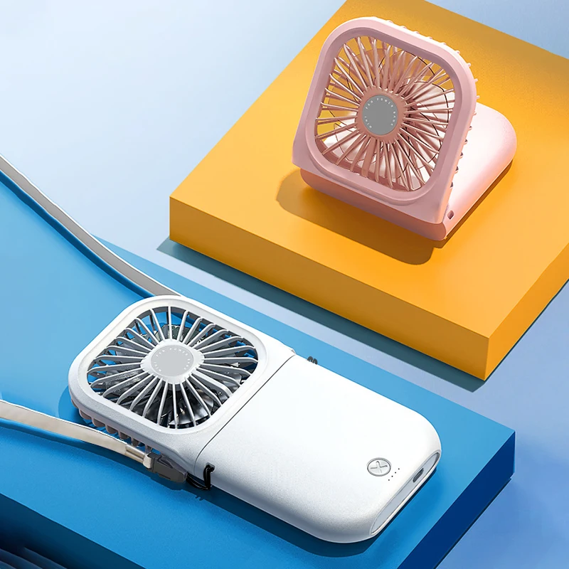 A stylish handheld digital hanging neck fan, ， USB power bank fast charging desktop folding small fan,