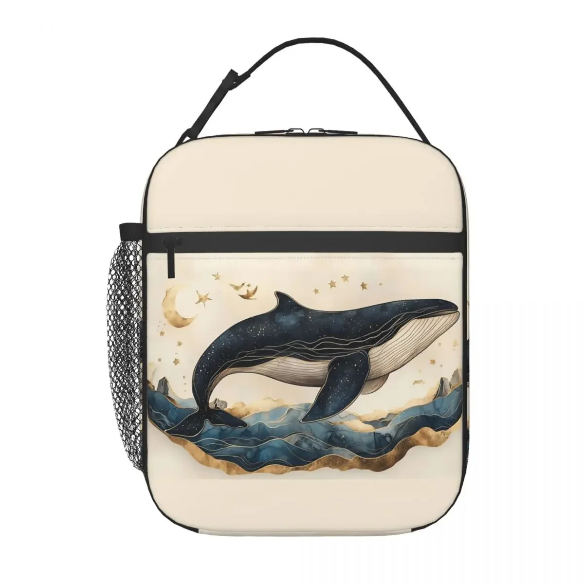 Golden Blue Aesthetic Whale Insulated Lunch Bag for Women Kids Portable Food Boxes Thermal Lunch Box Tote