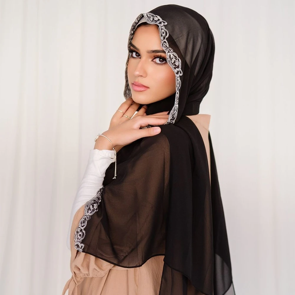 Hot selling Muslim Hijab Good Quality Softness Bawal Chiffon Tundung Hijab with Lace