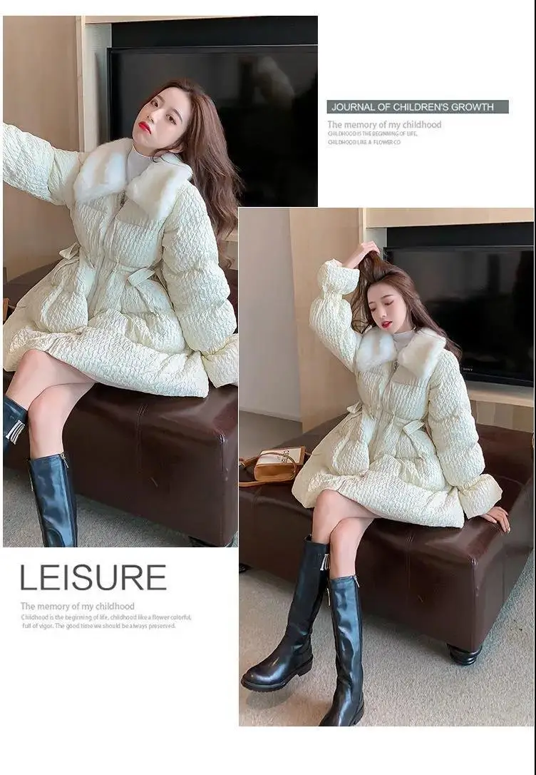 Korean Sweet Mid-Length Padded Coat for Women Winter Doll Collar Waist-Cinching Puffer Parkas Woman A Line Fluffy Quilted Jacket