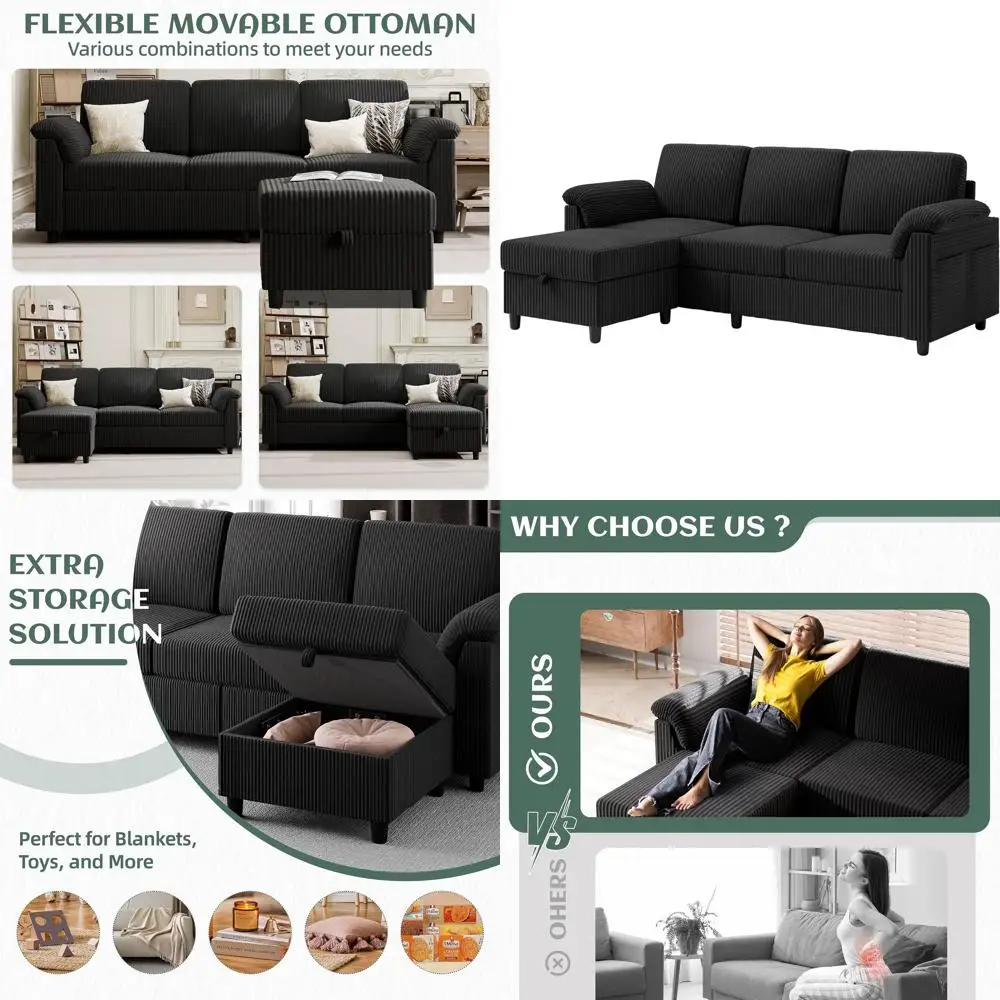 

3-Seat L-Shaped Convertible Couch with Removable Pillows, Corduroy Fabric, Suitable for Small Living Rooms or Offices, Black