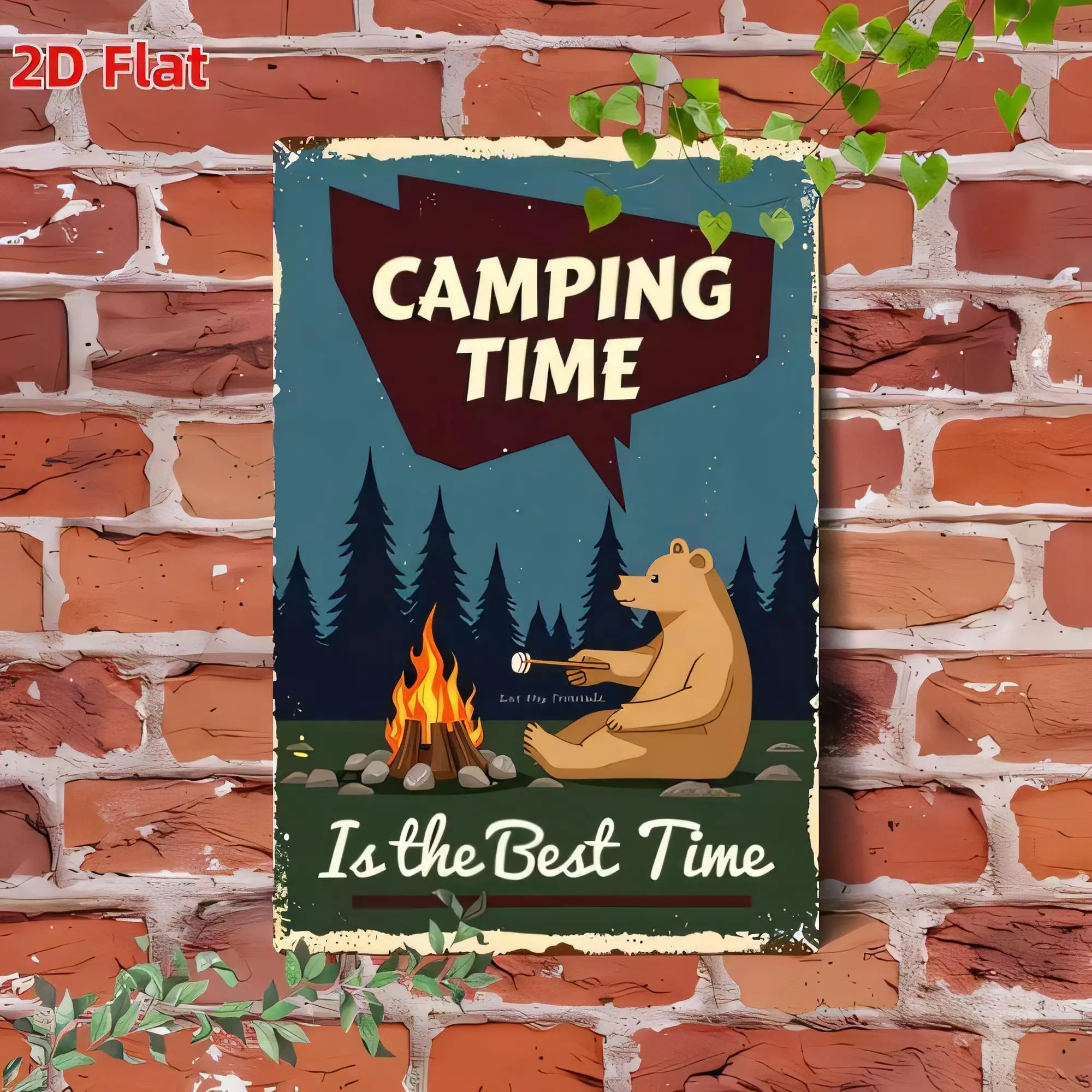 Tin Sign Camping Time Is The Best Time Retro Vintage Cabin Outdoor Fire Campfire Bear  Metal Plaque Wall Decor for Garage Man Ca