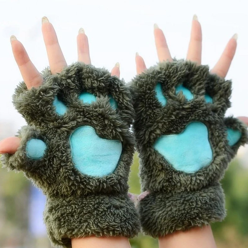 Frauen Katze Handschuhe Mode Mädchen Katze Klaue Pfote Plüsch Fäustlinge Warme Weiche Plüsch Kurze Fingerlose Halb Finger Winter Handschuhe Radfahren