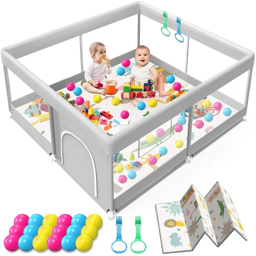 Baby-Laufstall mit Matte, 127 x 127 cm, Laufstall mit Matte, wasserdicht, für Babys und Kleinkinder, Spielstift, Spielarten, Sicherheitstor, Zaun, aktiv