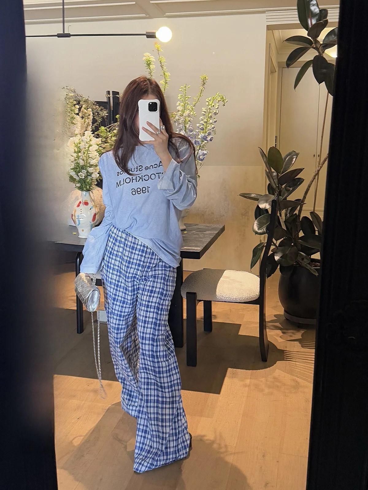 

IUIU Lazy God Pants High Waist Thin Breathable Blue Plaid Long Pants Summer Casual Trousers for Women Comfortable Slimming