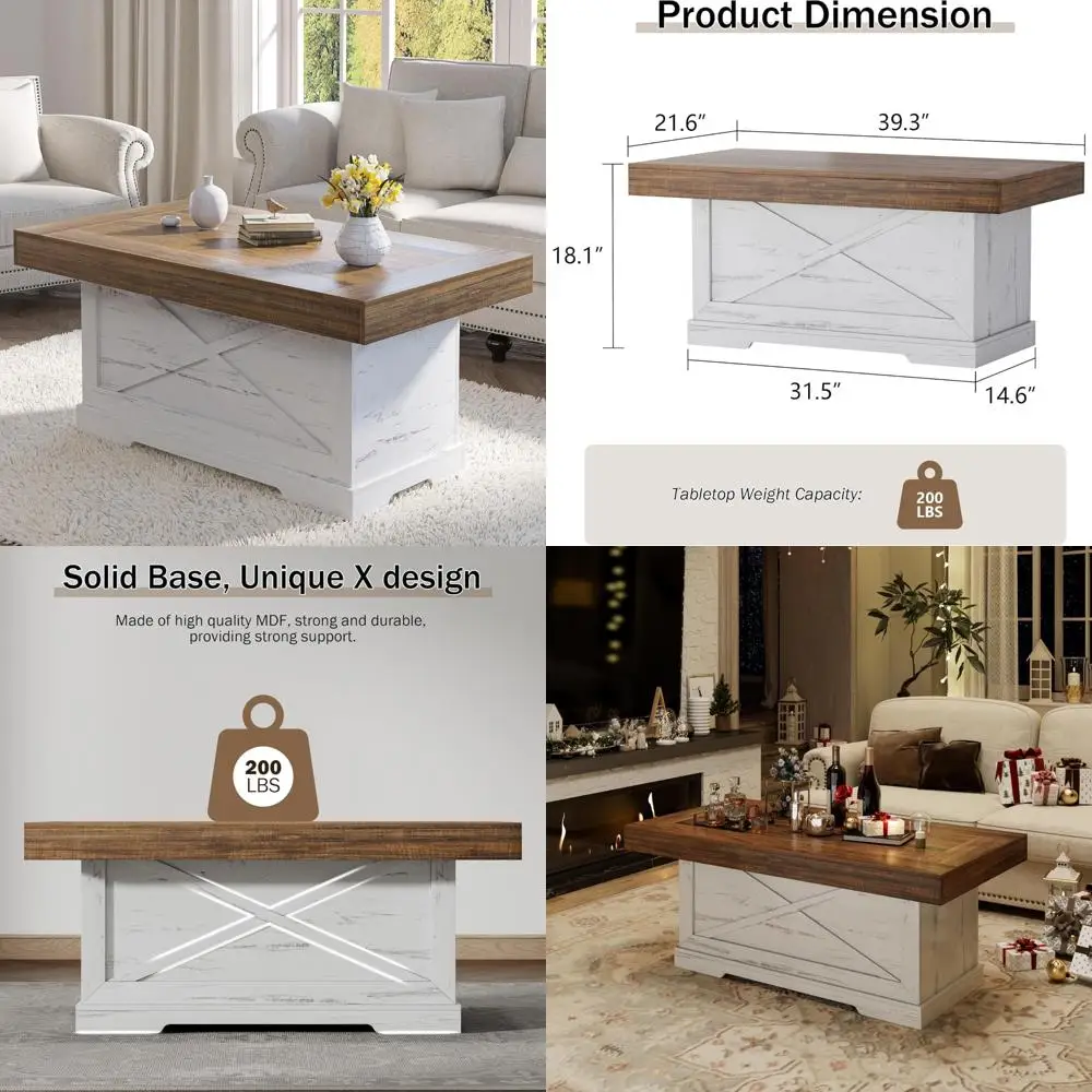 

Farmhouse Style Rectangular Coffee Table with Wooden X-Base for Living Room and Home Office Use