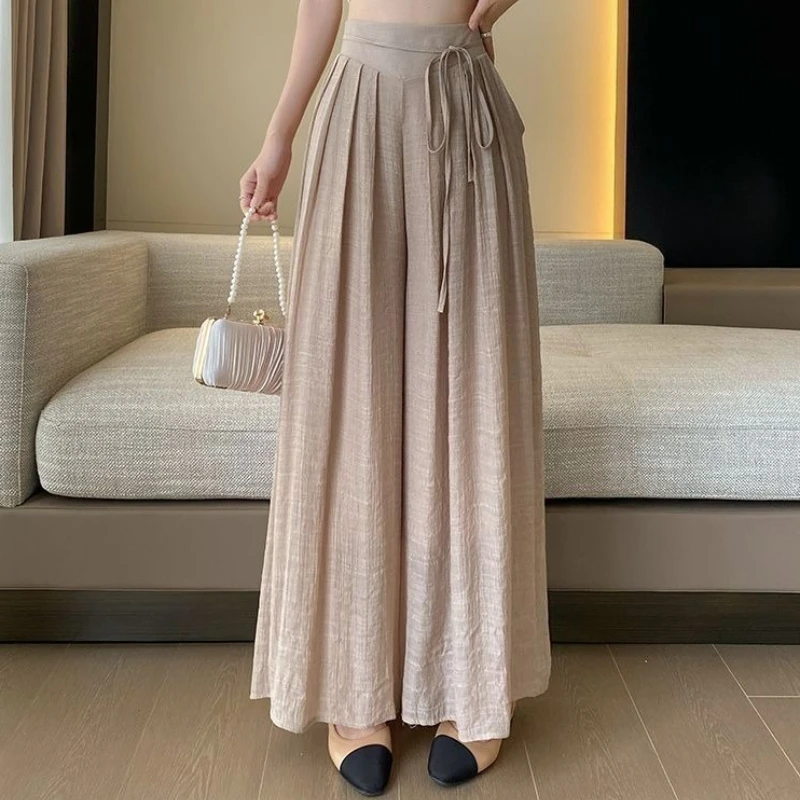 

Женские длинные плиссированные брюки-палаццо из смесового льна с эффектом мятой ткани, летние струящиеся брюки-юбка А-силуэта, повседневные свободные брюки-шаровары