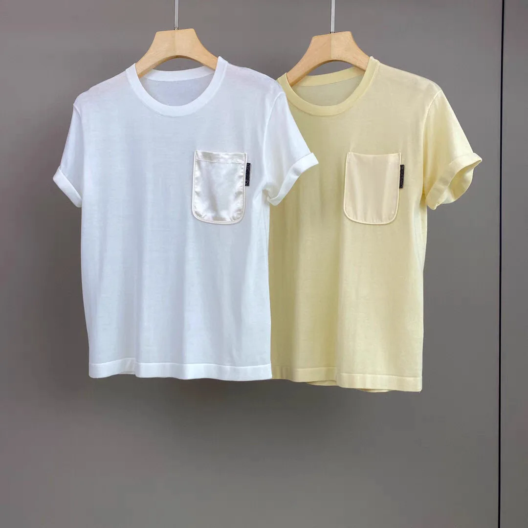 

Women Yellow or White T-Shirt Pocket Patchwork O-Neck Short Sleeve Casual Silk Wool Tee Tops