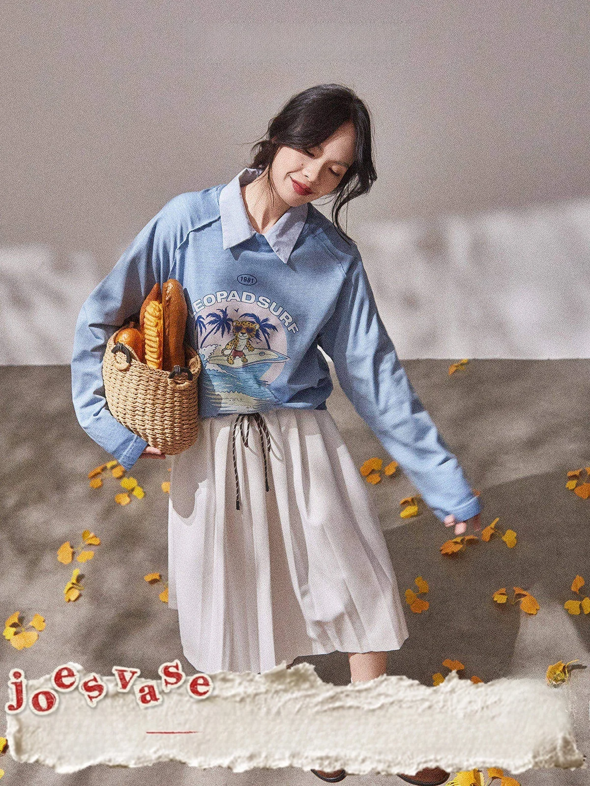 

Свободная женская футболка с длинным рукавом, синяя, повседневная, с принтом, удобная, винтажная, с цветочным узором и надписями, осенняя новинка