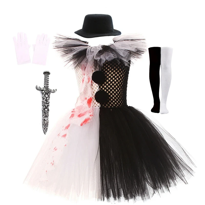 Costume de Clown Carnevil pour Fille, Robe en Tulle Taille Haute, Couteau, Chaussettes, Gants, Épingle à Cheveux, Ensembles pour ixd'Halloween, Cosplay