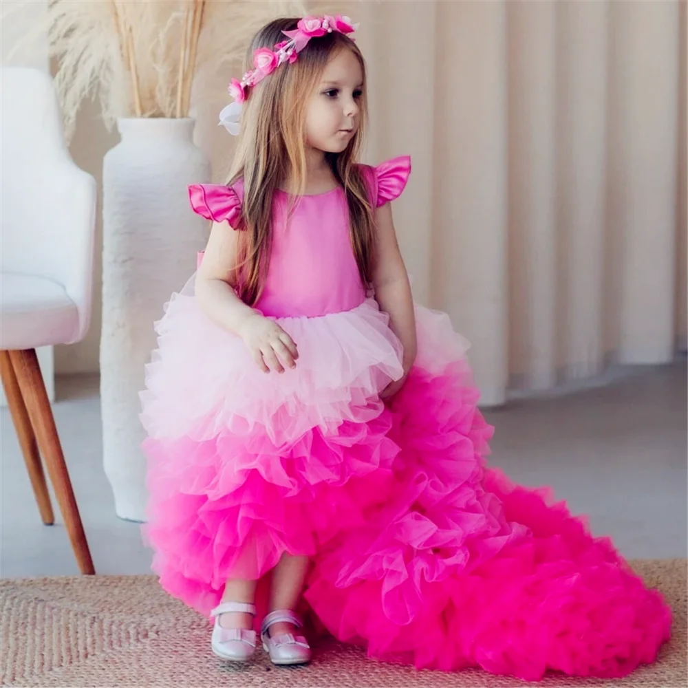 

Lovely Red Angel Flower Girl Dresses Tulle Puffy Bow Hight-Low Skirt For Wedding Princess Birthday Gift First Communion Gowns