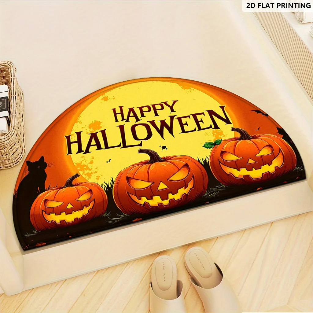 Happy Halloween Pumpkin Black Cat Semi Circle Doormat Festive Jack O Lantern Welcome Mat