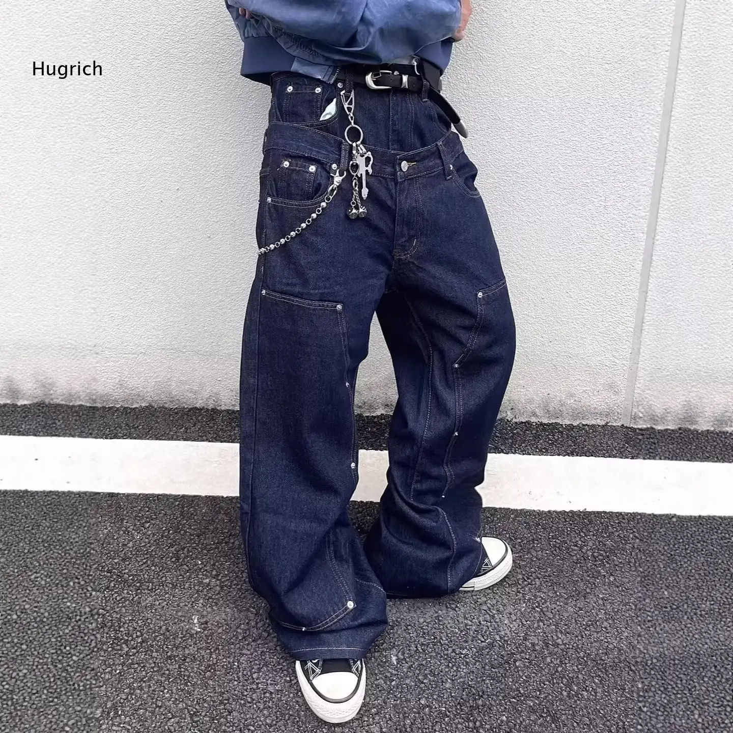 Functional Multi Pocket Baggy Jeans For Men Rivet Hardware Accent Stitching Detail Loose Silhouette Street Hip Hop Bottoms