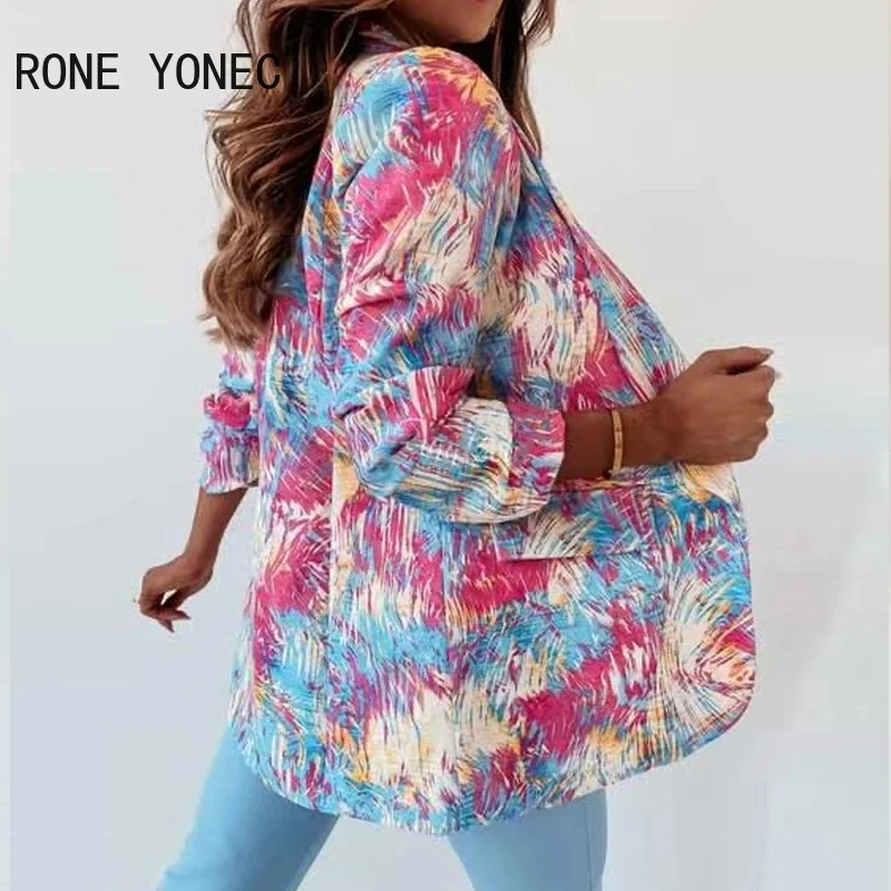 Women Elegant All Over Print Long Sleeves Fake PocketShort Blazer Jackets