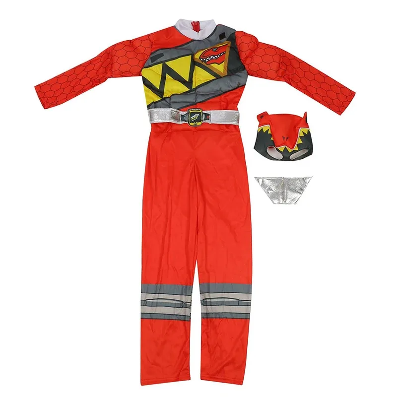Dinosaur Team Red Power Dino Charge Ranger Muscle Jumpsuits Superhero Suits Cosplay Halloween Costume for Kids Disguise Mask