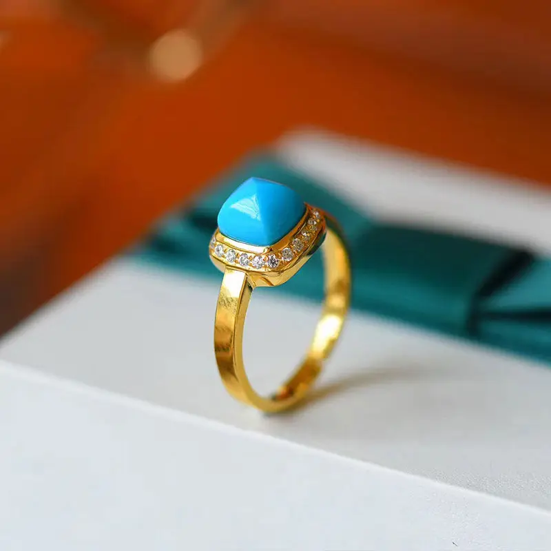 Original designer craft Turquoise Diamond square geometric opening ring Chinese style retro exquisite charm female brand jewelry