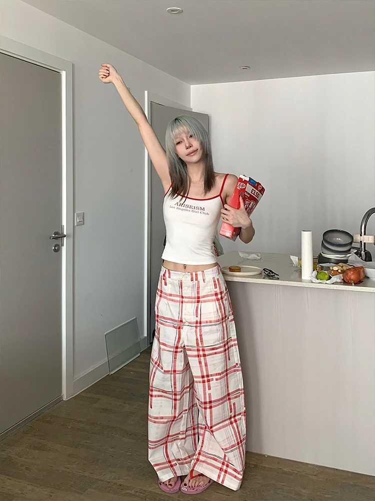 Plones Casus Retro a Cuadros Rojos para Mujer, Verano 2025, Nuevo Diseño, Estilo Hoado, Pierna Ancha Recta, Largos h...
