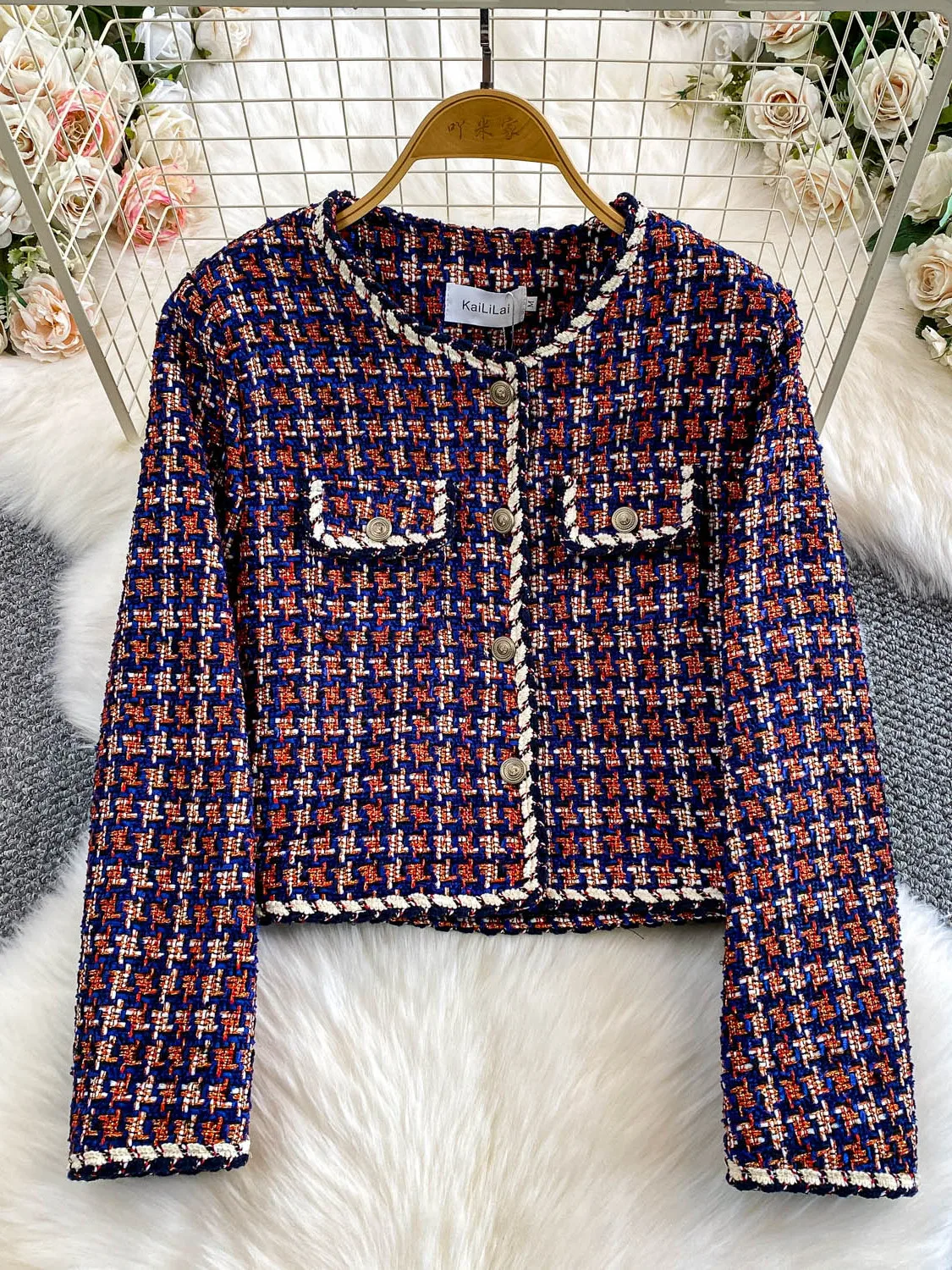 

Knitted Tweed Coat Women's Loose Fit Autumn Winter Slimming Top Single Button Closure ort Outerwear