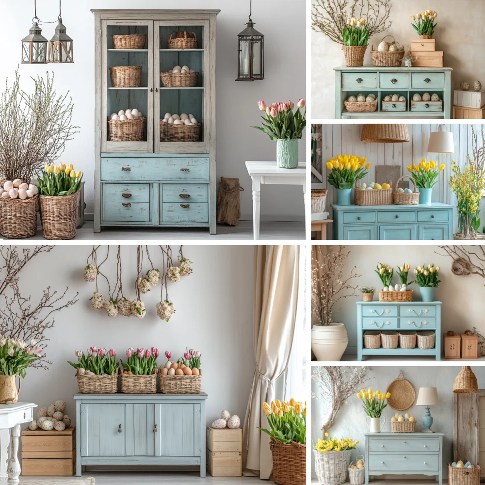 

Spring Easter Indoor furniture Warm Life Easter Egg Flowers Cabinet Portrait Beige Decoration Photography Studio Backdrop