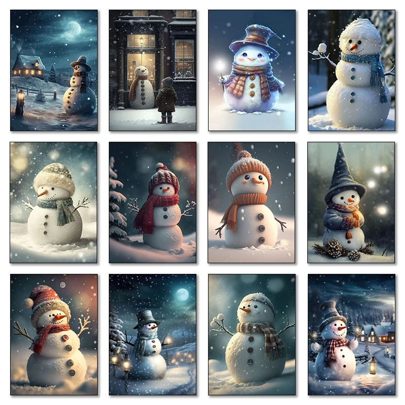 1pc frameless Canvas Painting 1pcs(No frame)Snowman Poster Christmas Snowman Cute Marry Christmas Canvas Printing Poster Wall Ar