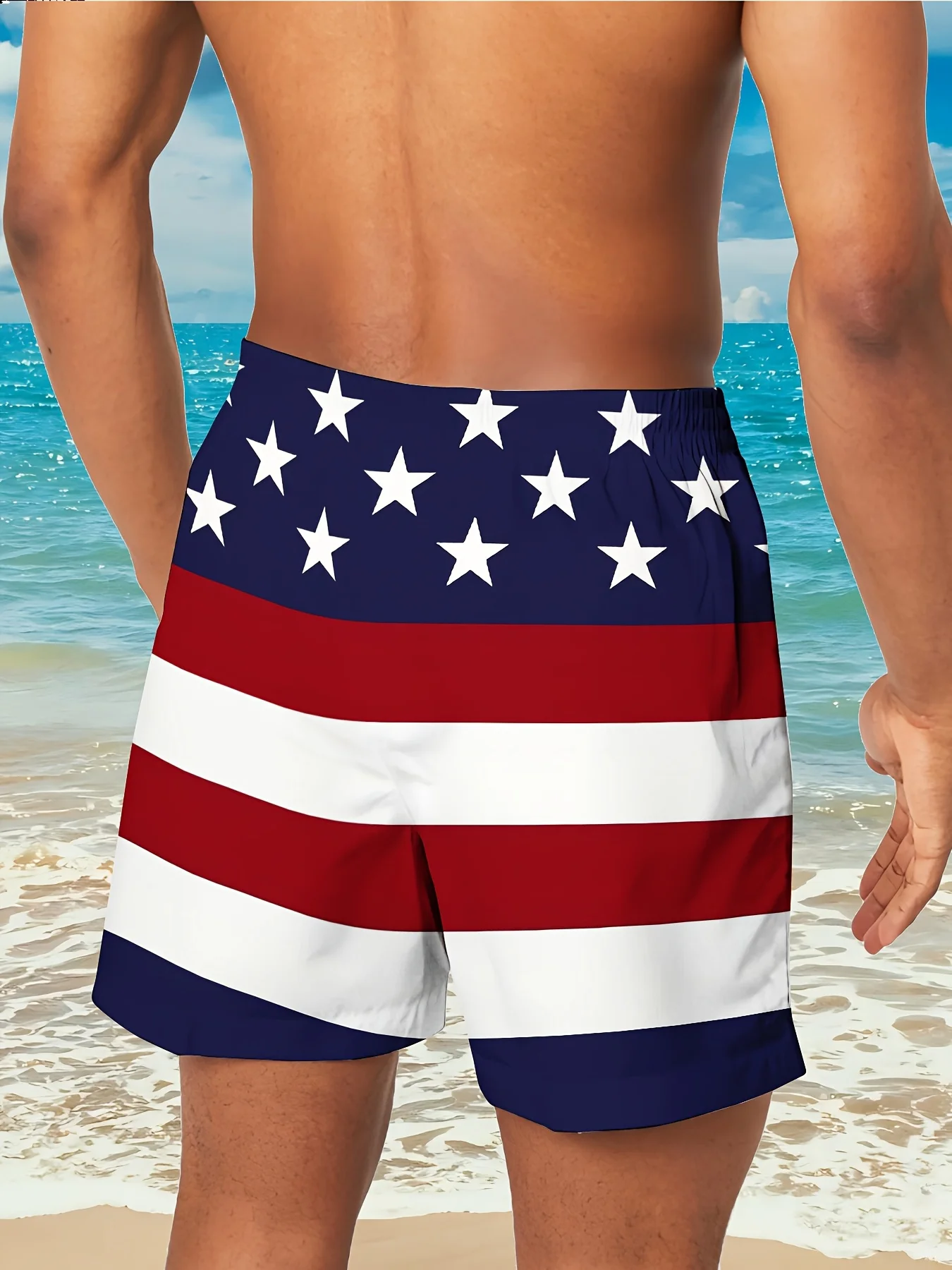 Digital Print Men's Shorts - American Youth Style, Trendy Casual Light Luxury Fashion, National Flag Beach Drawstring Shorts [Pr