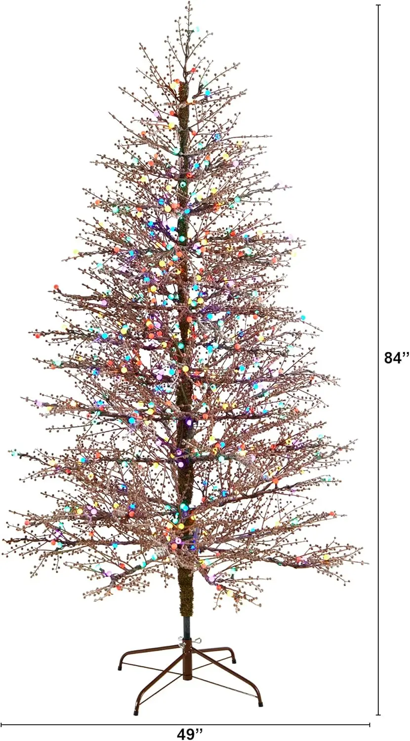 7Ft. Frosted Berry Twig Artificial Christmas Tree With 450 Multicolored Gum Ball Led Lights And 1192 Bendable Branches