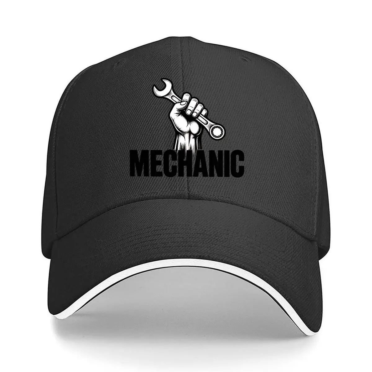 Mechanic Raised Fist Holding Wrench Bold Black White Design Sandwich Baseball Cap Outdoor Workouts Sun Hat