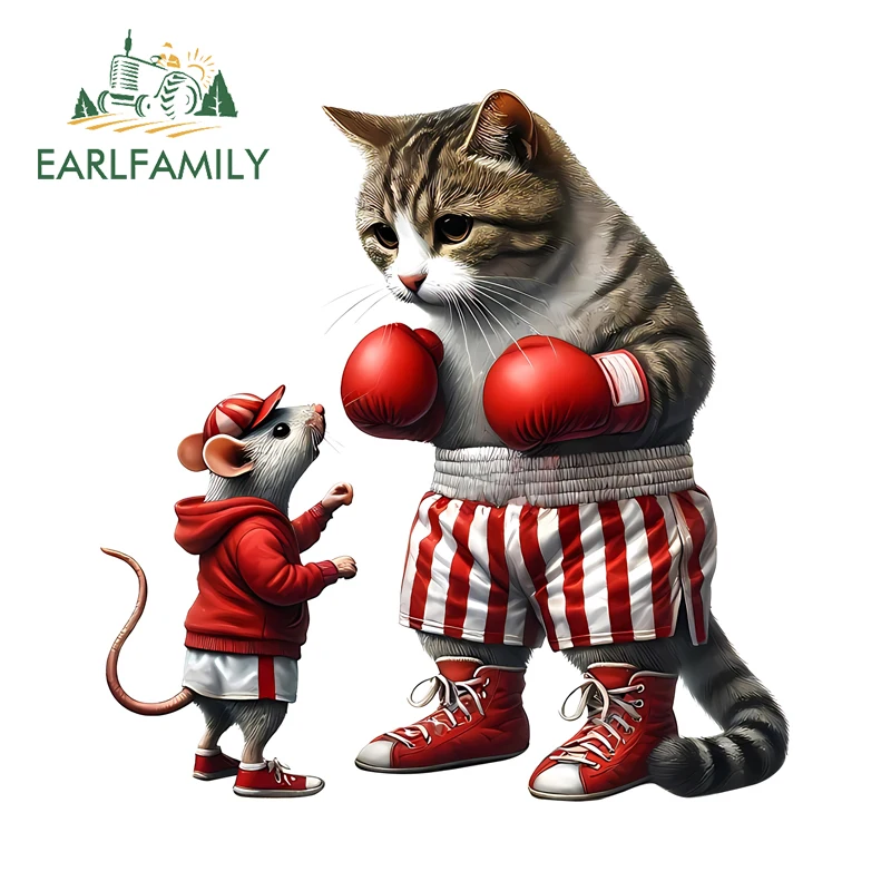 EARLFAMILY Boxer Cat With Rat Car Sticker Interesting Cartoon Graffiti Electric-Bicycle Decal Vinyl Car Accessories Decoration