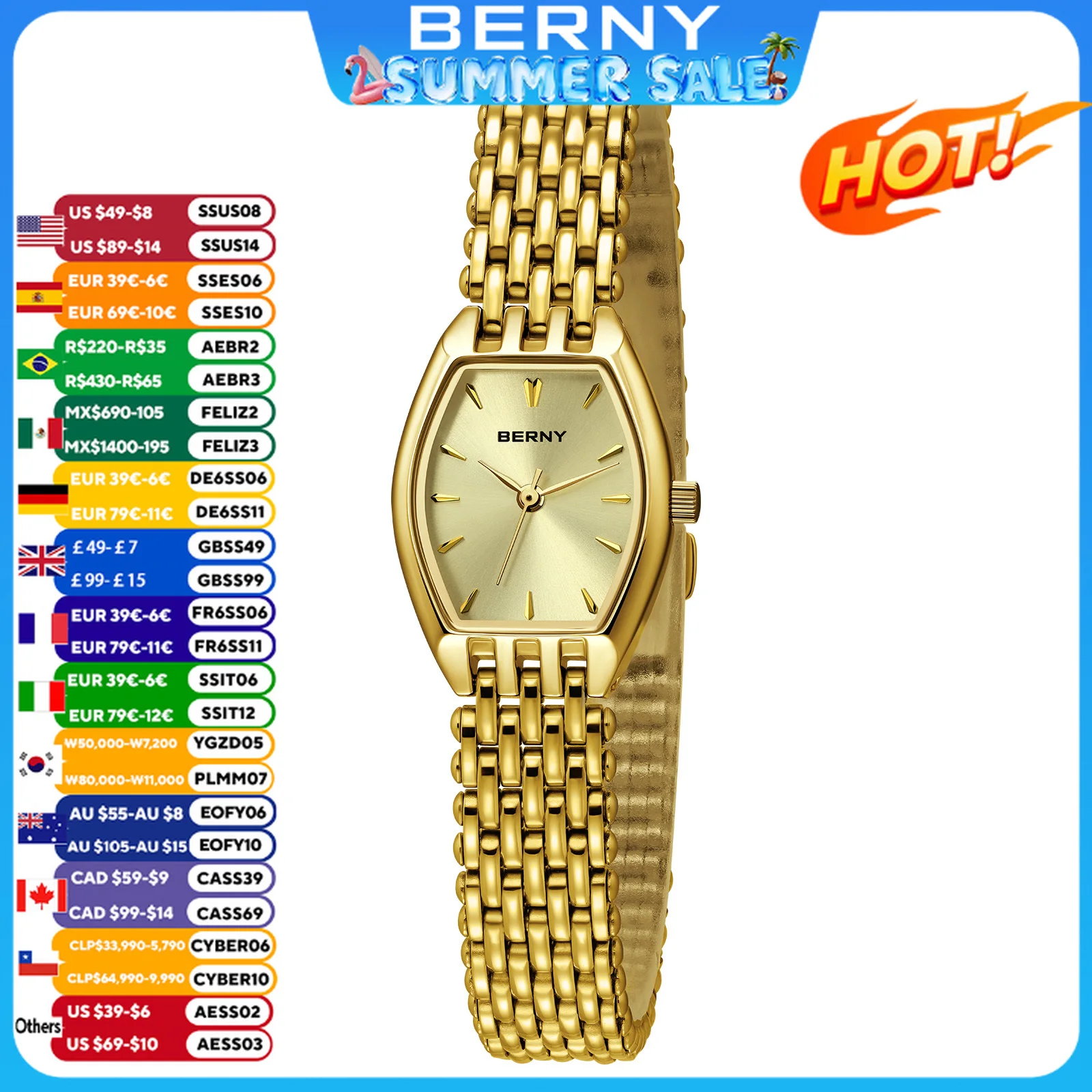 BERNY Gold Women's Watch Quartz Ultra-thin Luxury Elegant Ladies Watch Golden Stainless Steel Bracelet Fashion Dress Wristwatch