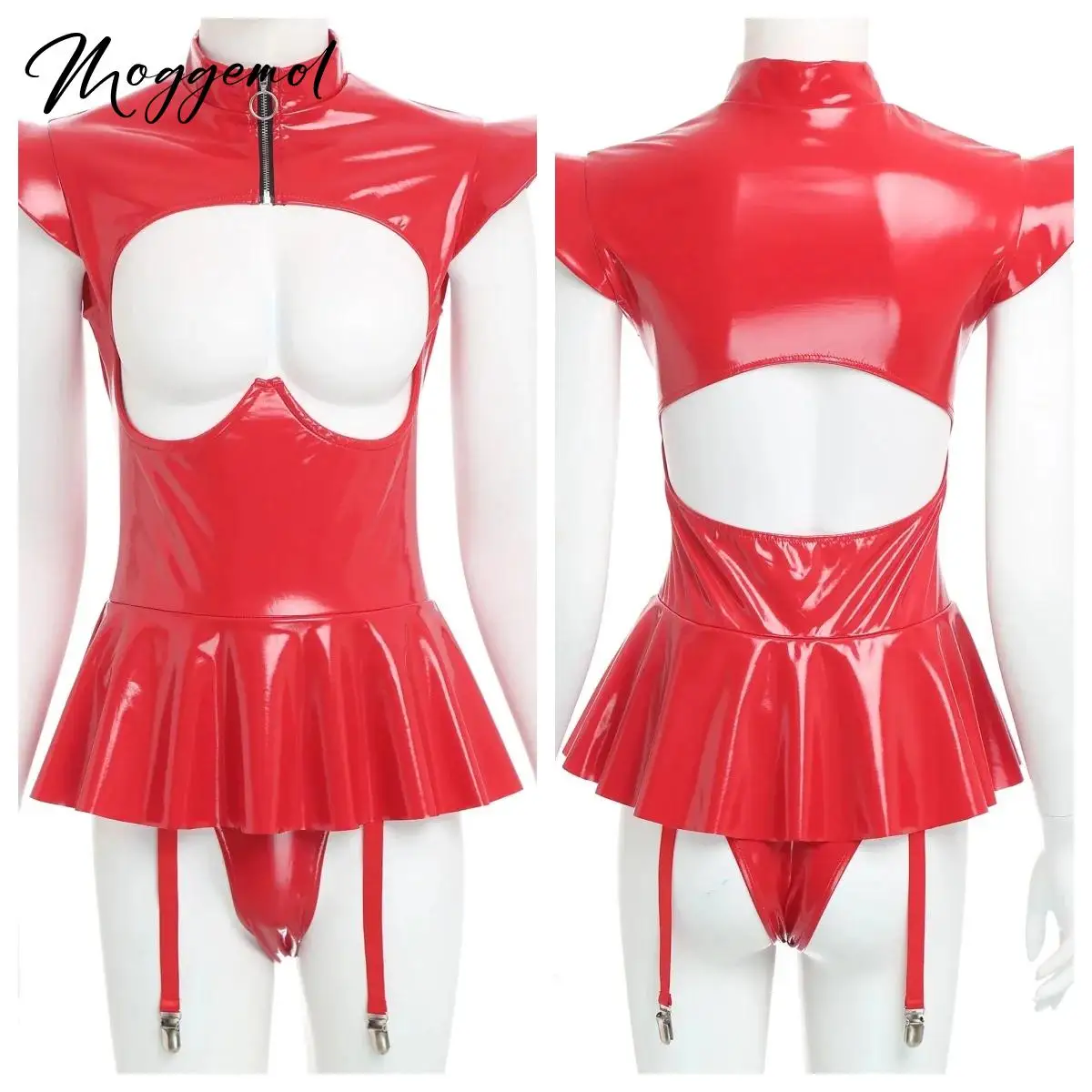 

Womens Sexy Lingerie Leotard Shiny Metallic Leather Bodysuit Fly Sleeve Open Cups Push Up Underwire Ruffled Hem Garters Jumpsuit