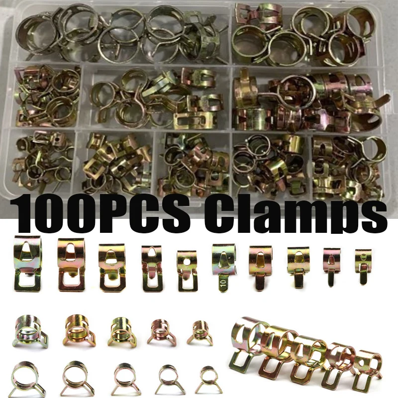 

100pcs 6/8/10/12/14/15/16/18/20/22mm Spring Hose Claps Clip Fuel Line Hose Water Pipe Air Tube Fastener Pocket Hole Clamp