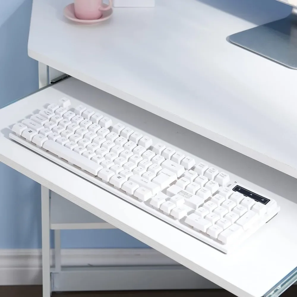 Corner Computer Desk with Smooth Keyboard & Storage Shelves for Home Office Workstation, White, Free Shipping